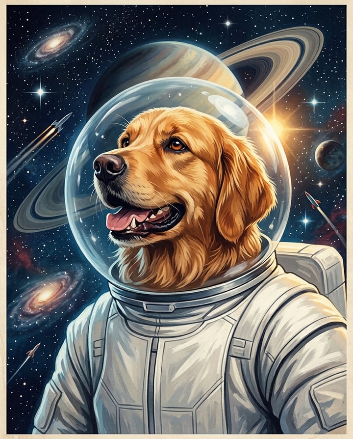 Example output, Space Explorer style: golden retriever in a space helmet and suit, retro poster style