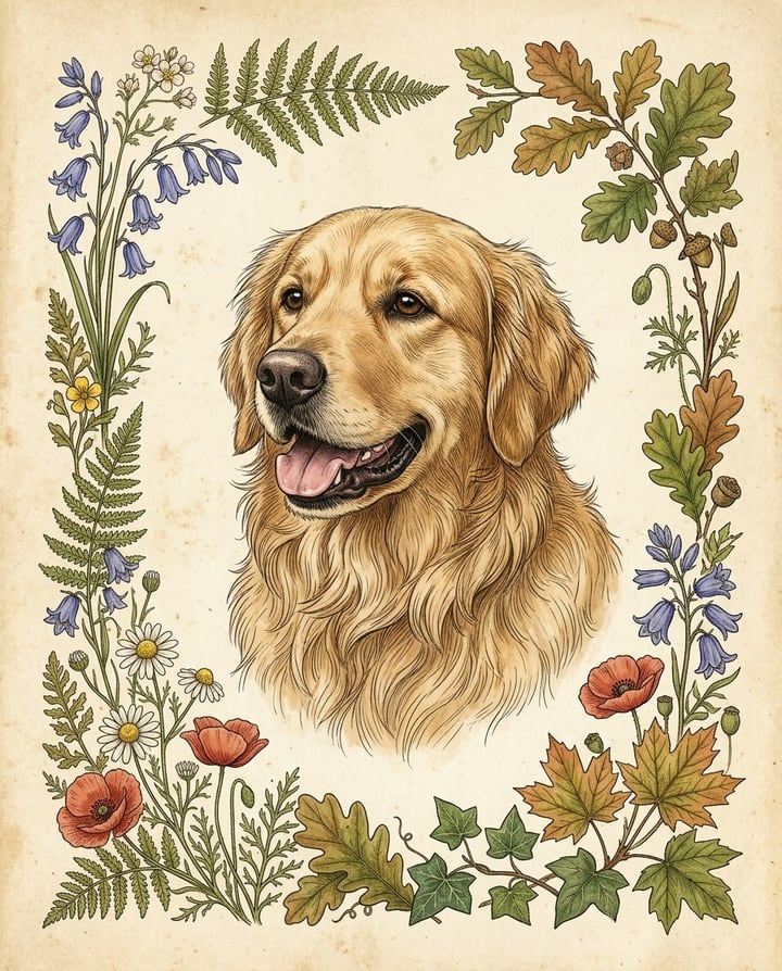 Example output, Vintage Botanical style: golden retriever framed by vintage botanical illustrations