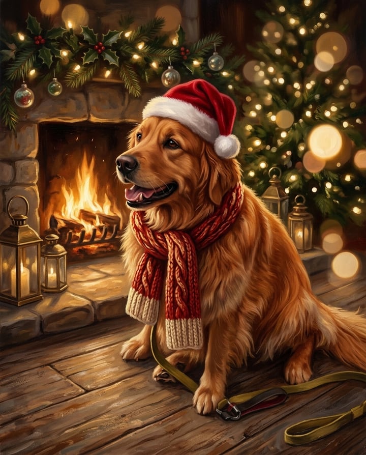 Example output, Holiday Card style: golden retriever in a Santa hat and knit scarf by a fireplace