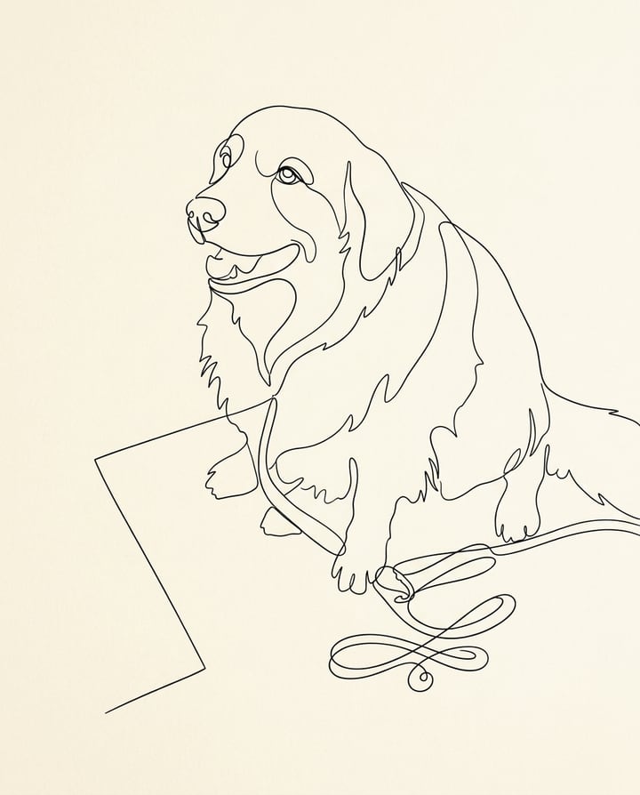 Example output, Minimal Line Art style: golden retriever drawn as a single-line sketch