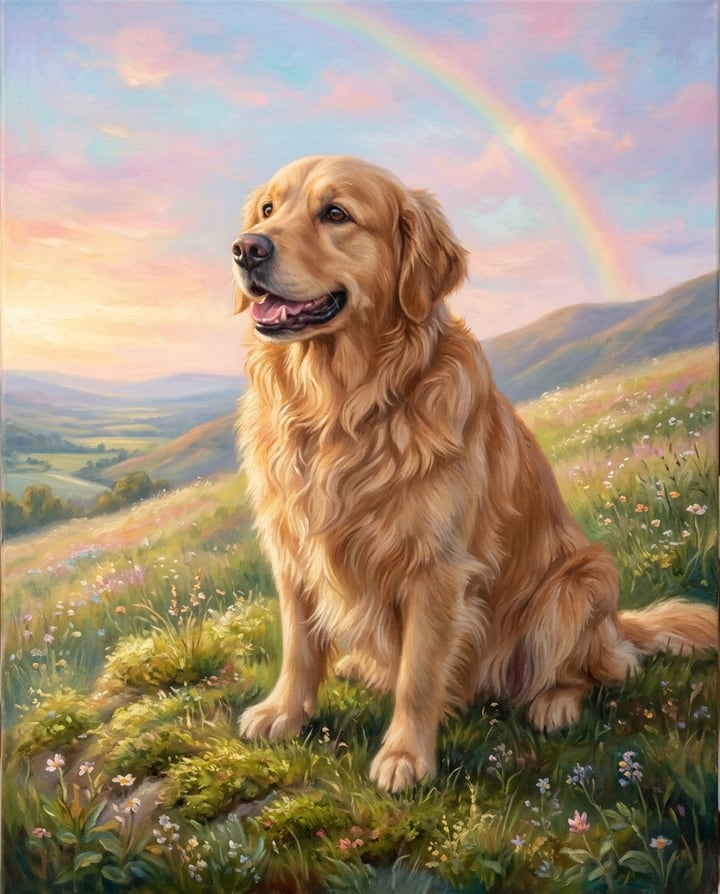 Example output, Rainbow Bridge Memorial style: golden retriever resting in a meadow under a rainbow
