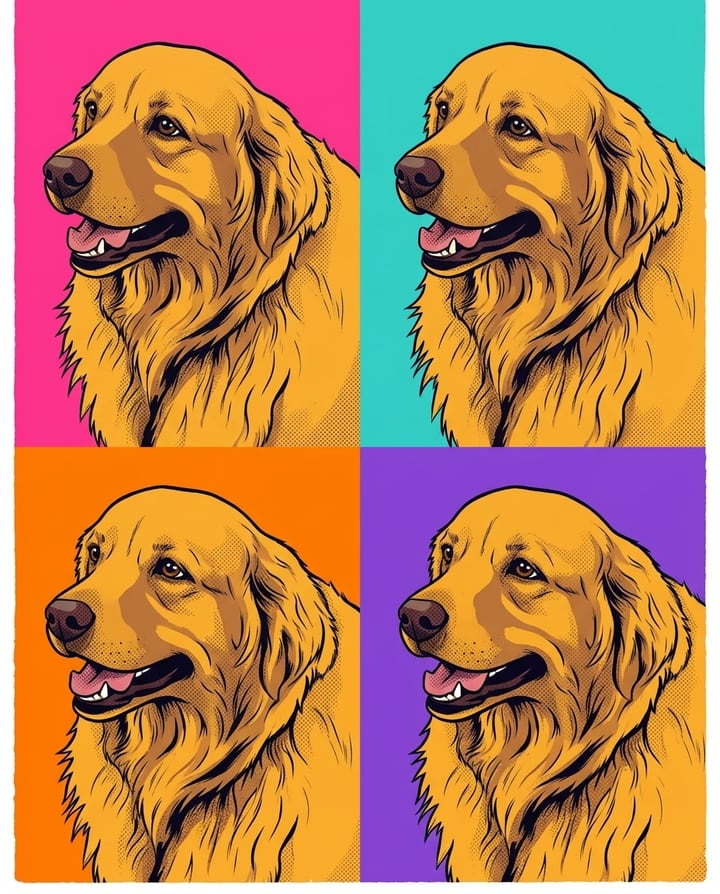 Example output, Pop-Art 4-Panel style: golden retriever as a four-panel pop-art print