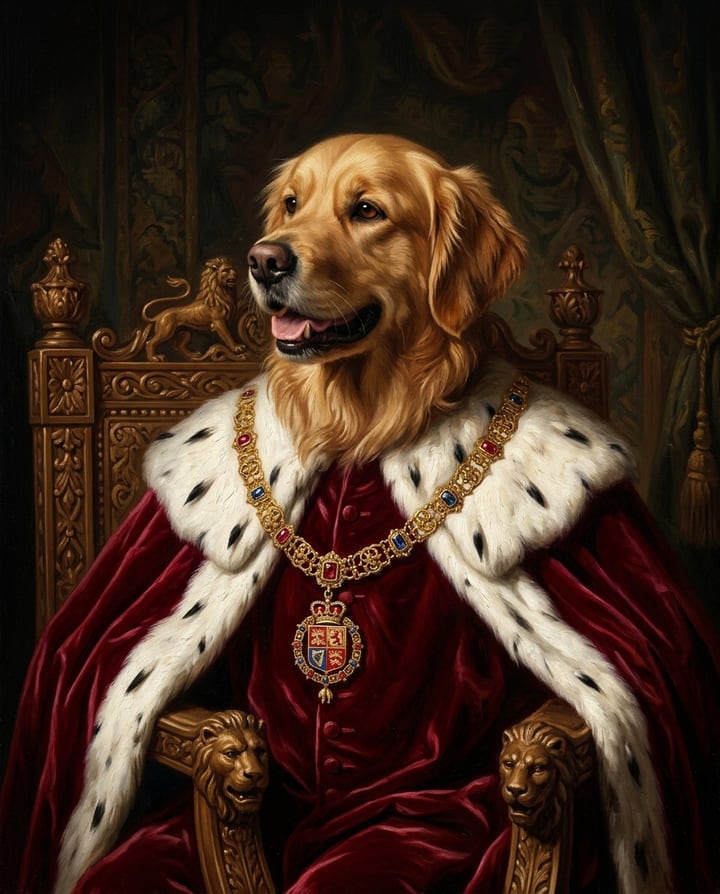 Example output: a golden retriever painted as a Renaissance royal in an ermine robe on a carved throne